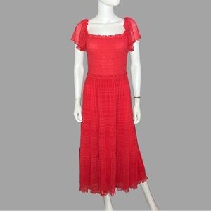 Max Studio Washed‎ Red Mesh Smocked Bohemian Midi Dress